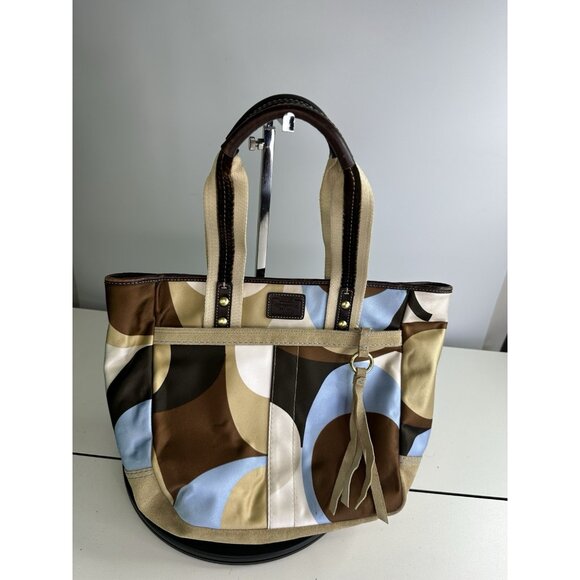 Coach Y2K Hamptons Weekend Scarf Print Tote Brass, Multicolor Brown/Blue - Picture 1 of 10